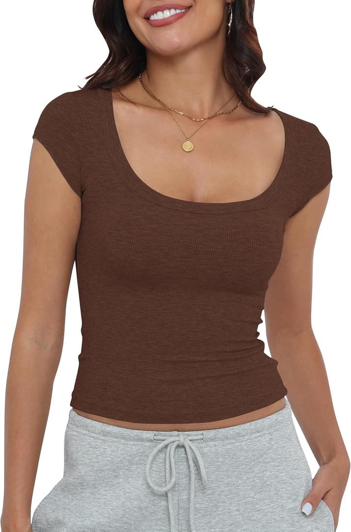 Artfish Women's Short Sleeve T-Shirts Low Scoop Neck Slim Fitted Ribbed Knit Casual Longer Crop Top (X-Large, Brown)