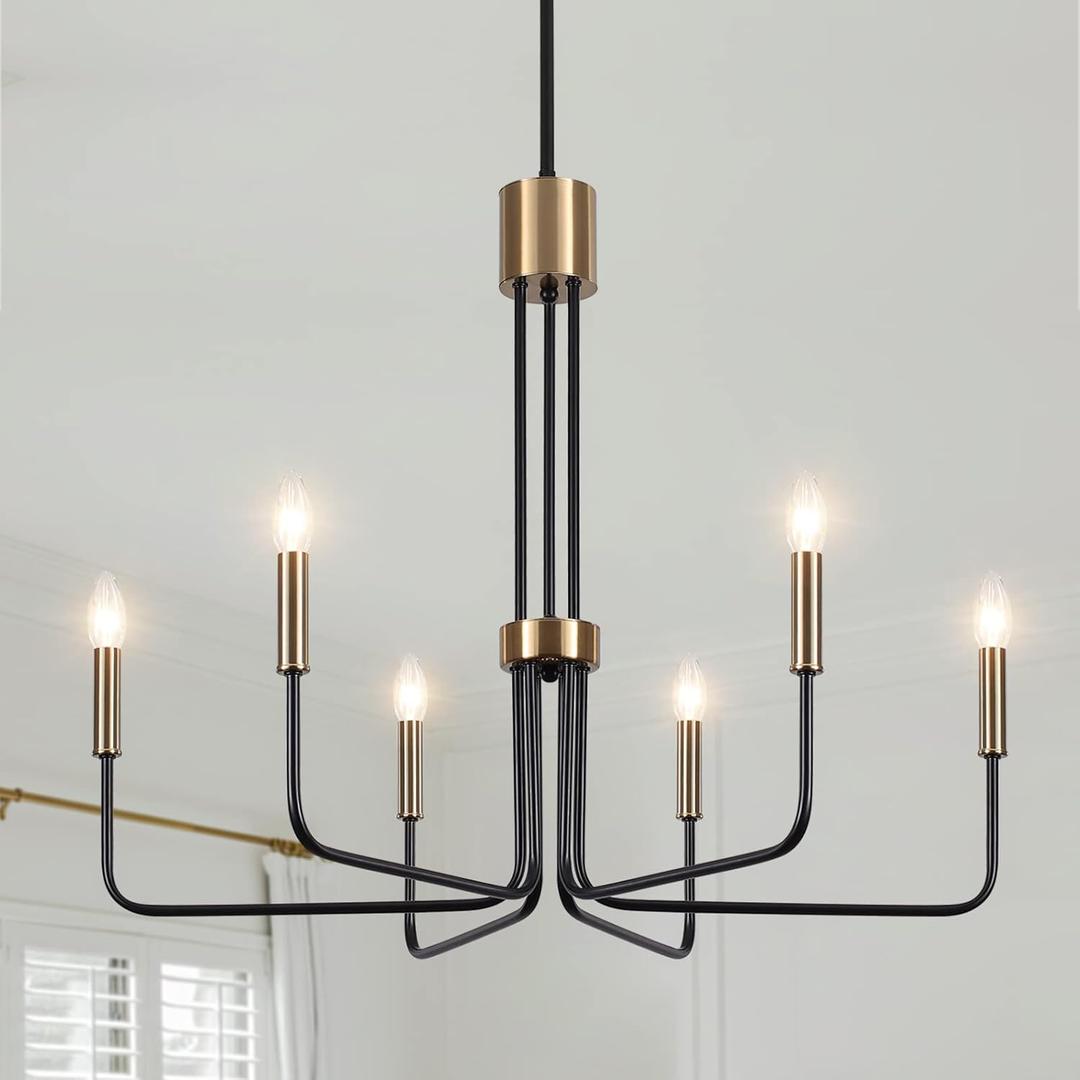 6-Light Modern Farmhouse Chandelier, Black and Gold Chandelier for Dining Room Light Fixtures Ceiling Hanging, Kitchen Chandelier for Bedroom Living Room Entryway