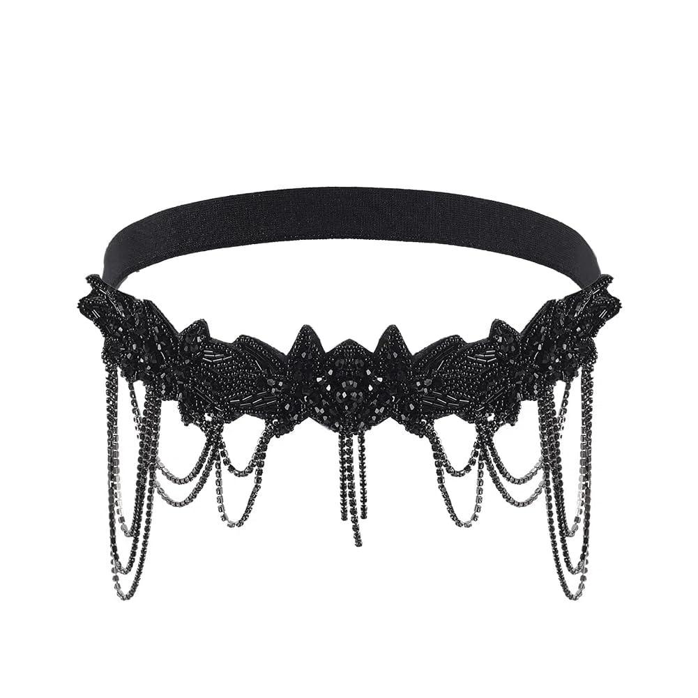 AHANDMAKER 1920s Flapper Headpiece Roaring, Cloth Rhinestone Elastic Headbands Floral Patterns Dangle Beads Black Head Chain Jewelry for Dancing Prom Anniversary Women Vintage Hair Accessory