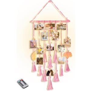 Hanging Photo Display Wall Decor, Pink Macrame Wall Hanging Boho Room Bedroom Decor, Picture Frame Collage with Remote Light & 30 Clips, Christmas Teenage Teen Girl Gifts Ages 10 11 12 13 14 Years Old