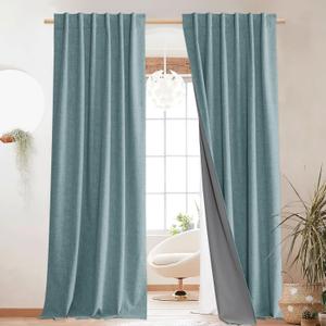 NICETOWN 100% Blackout Skylark Blue Linen Curtains 90" Length with Thermal Insulated Liners, Farmhouse Style Room Cooling Small Window Draperies for Dining Room (2 Panels, 52" W)