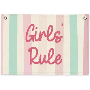 SJDFCSA Girls Rule Banner Canvas Wall Hanging, Girls Room Decor Wall Art, Preppy Colorful Striped Wall Decor Hanging Banner Flag for Girl Toddler Nursery Bedroom Room Playroom Prints, 30x20 In