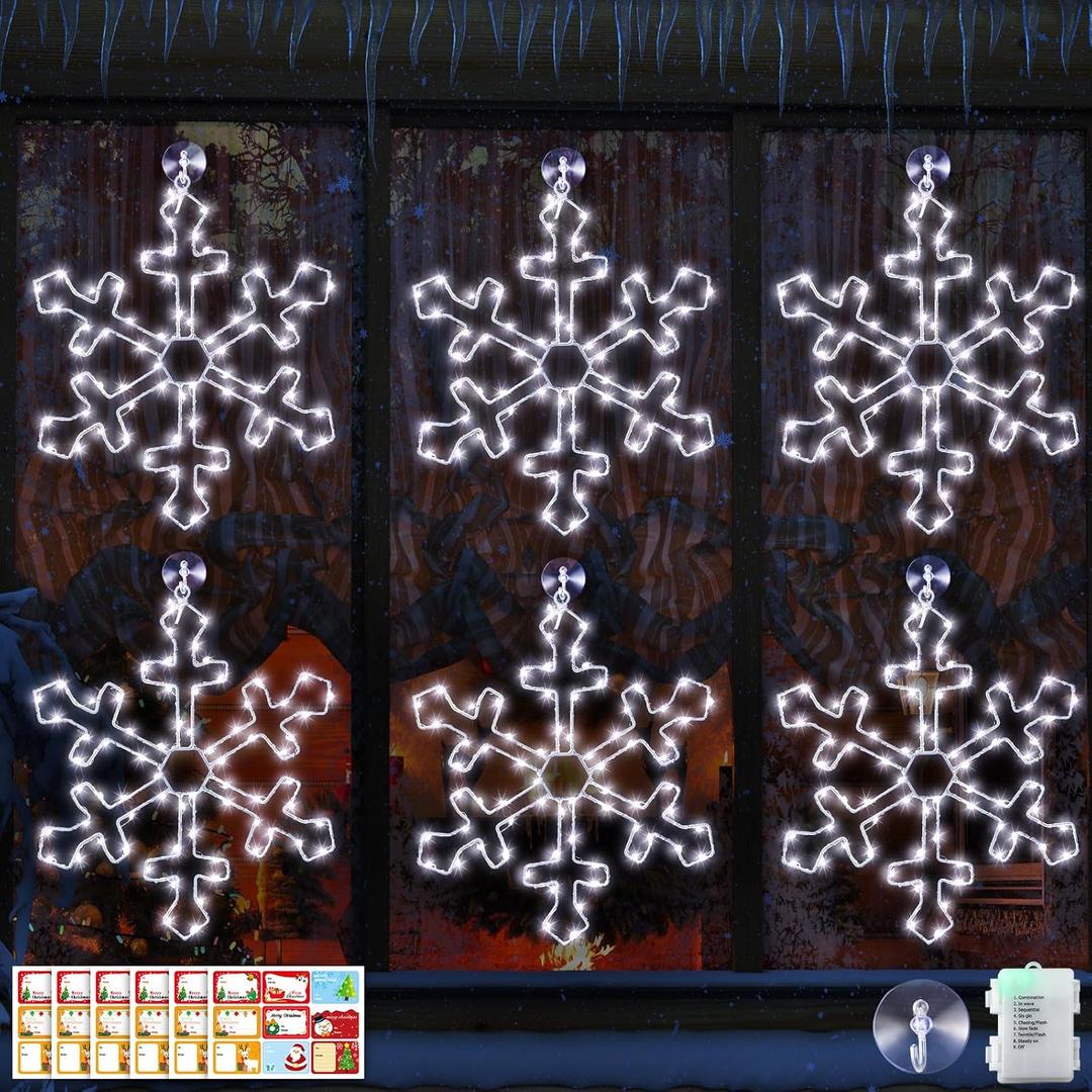 Hiboom 6 Pack 12 Inch Snowflake Christmas Window Lights, Battery Operated LED Hanging Snowflake Lights for Indoor Outdoor Christmas Window, Wall, Door, Glass Decorations