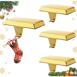 Gold Metal Stocking Holders - Set of 4, Weighted Hangers with Non-Slip Pads, Flat Design for Mantle, TV Stand, Staircase, Dresser