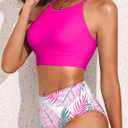 Herseas Women's Tankini Sets Solid High Neck Top Floral Print Bikini Bottom High Rise 2 Piece Popular Swimsuits Teen Girls Tummy Control Hot Pink Bathing Suits Trendy Cruise Outfits Medium
