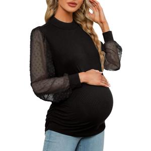 Women's Maternity Shirt Long Sleeve Top Swiss Dot Mock Neck Ribbed Knit Striped Ruched Side Blouse (Medium, Black)