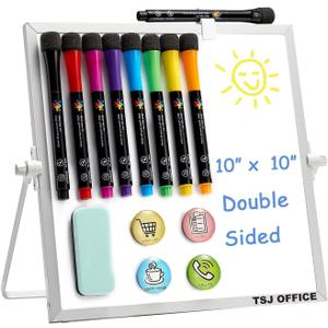 Small Magnetic Dry-Erase White Board  10 x 10 Inches Mini Easel Whiteboard 360 Degrees Revolving Double Sided Stand for Office, Home, School (Silver)
