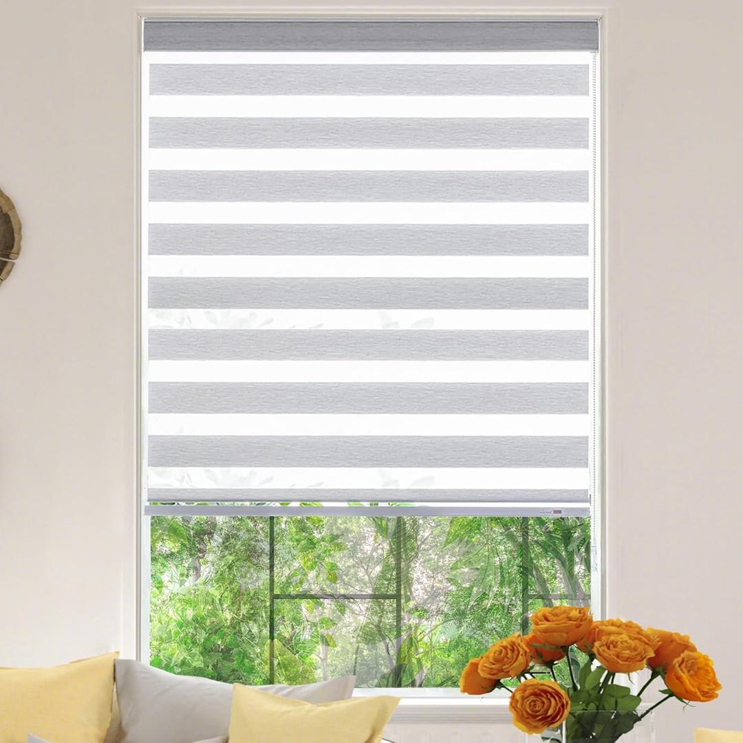 Zebra Roller Window Blinds,Custom Cut to Size,Roller Blinds Dual Layer Roller Shade Blinds, Gray,Fixed 64 InchesHigh,26 Inches Width