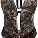 Verdusa Women's Cheetah Print Sequin Top Y2K Tie Back Corset Halter Going Out Crop Tops XS