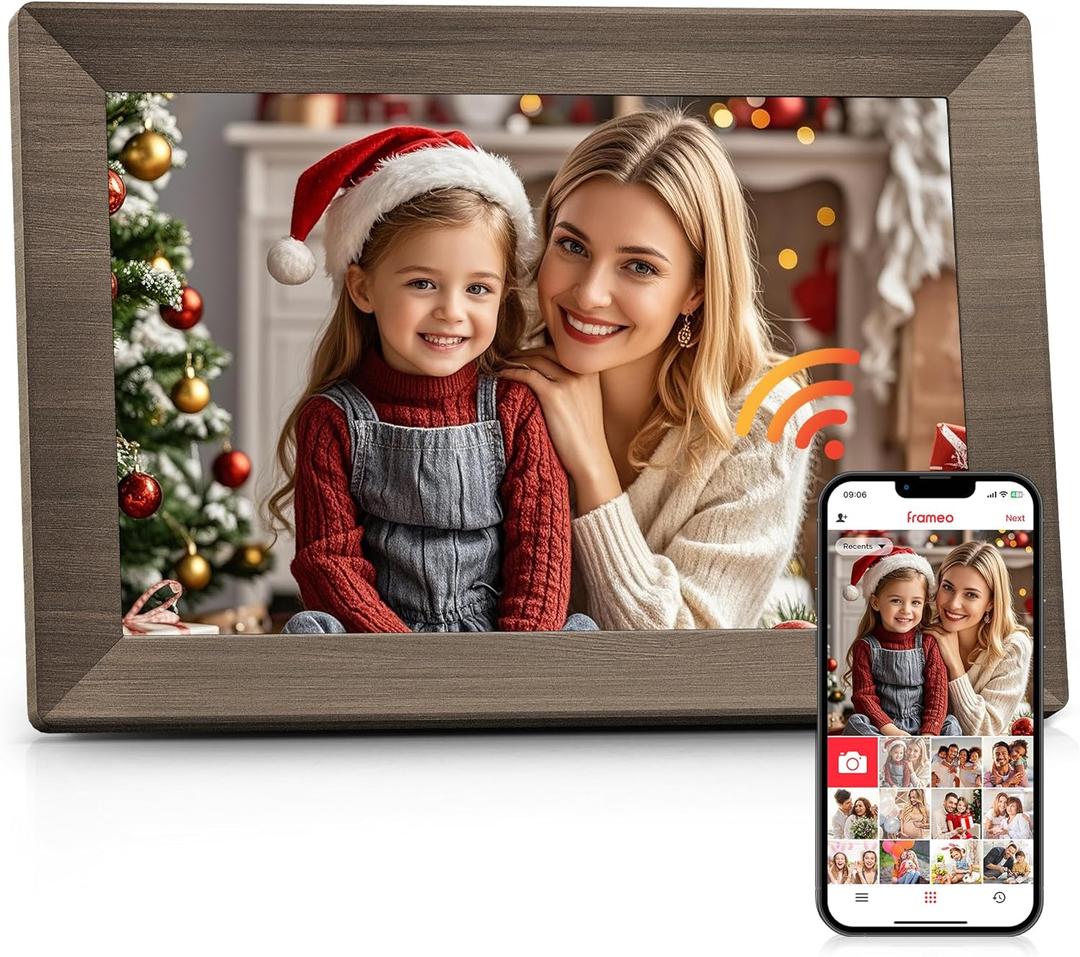 Frameo 10.1" Digital Picture Frame with 32GB Memory Wood WiFi Electronic Photo Frame 1280 x 800 IPS Touch Screen Auto-Rotate Slideshow Wall Mountable Share Photos/Video Remotely Anywhere