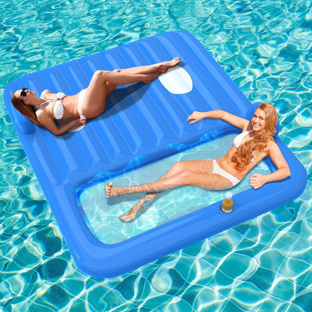 Inflatable Tanning Pool Lounger Float,Lake Floats for Adults - 71" X 71" Large Pool Floats with Headrest and Cup Holder Sunbathing Pool Lounge Raft Floatie Toys Water Filled Bed Mat Pad (blue)