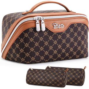 BOYATU Travel Makeup Bag Cosmetic Bags for Women: 3 Pcs Set Large Portable Make up Bag with Handle - Vegan Leather Toiletry Bags with Compartments - Makeup Organizer for Travel Essentials(A-1-Coffee)