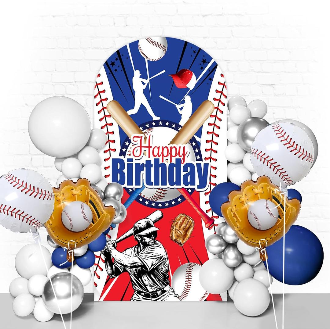 Baseball Arch Backdrop Stand Cover 7.2ft Sports Theme Arch Backdrop for Birthday Party & Baseball Photography Cover Backdrops 2-Sided Spandex Birthday Decoration (No Stand or Balloons Included)