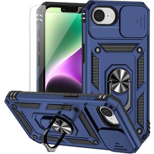 for iPhone 16E Case, with Camera Lens Cover HD Screen Protector, Dual Layer Military-Grade Drop Tested Magnetic Ring Holder Kickstand Protective Phone Case for Apple iPhone 16E / SE4 2025 (Navy Blue)