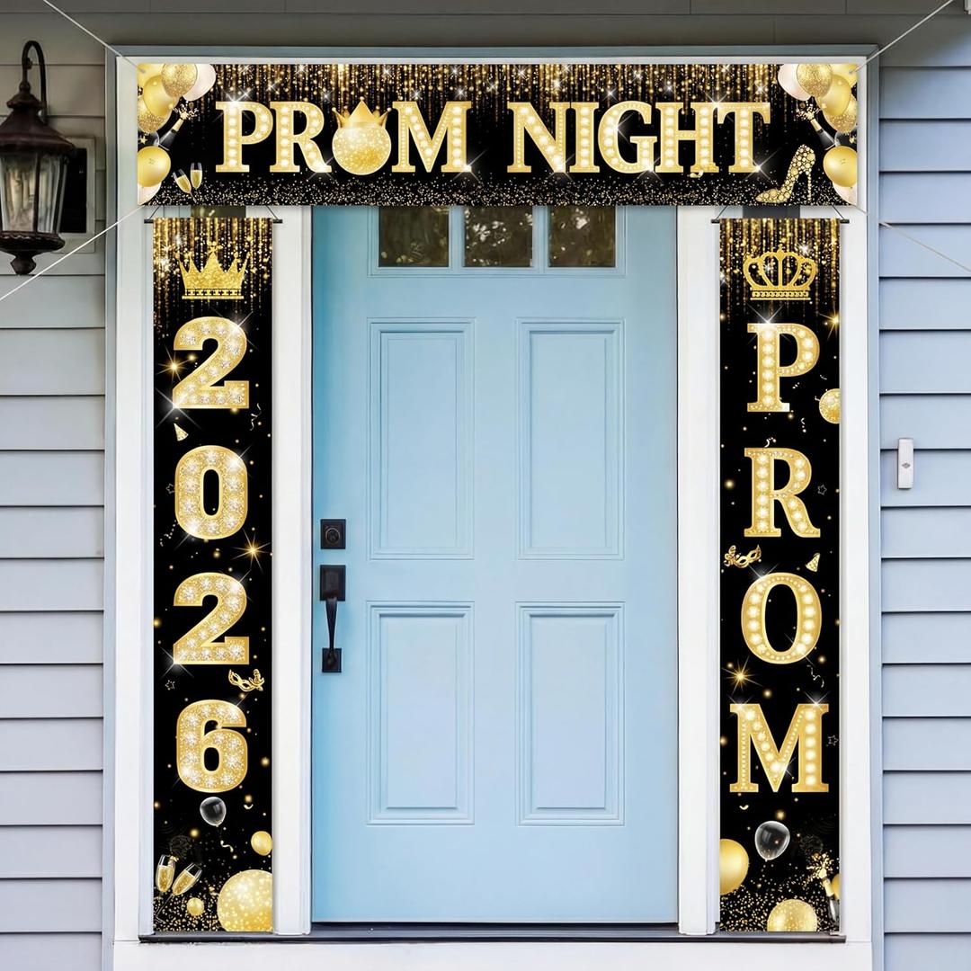 SmoothNovelty 3 Pcs Prom Night Decorations 2026 Graduation Party Supplies Gold Glitter Prom Send off Banner Porch Sign Backdrop for Photoshoot 2026 High School College Graduation Celebrations