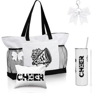 Patelai 4 Pcs Cheerleader Gifts Set Cheer Tote Bag 20 oz Tumbler Women Makeup Bag Keychain Stuff Accessories for Cheerleader
