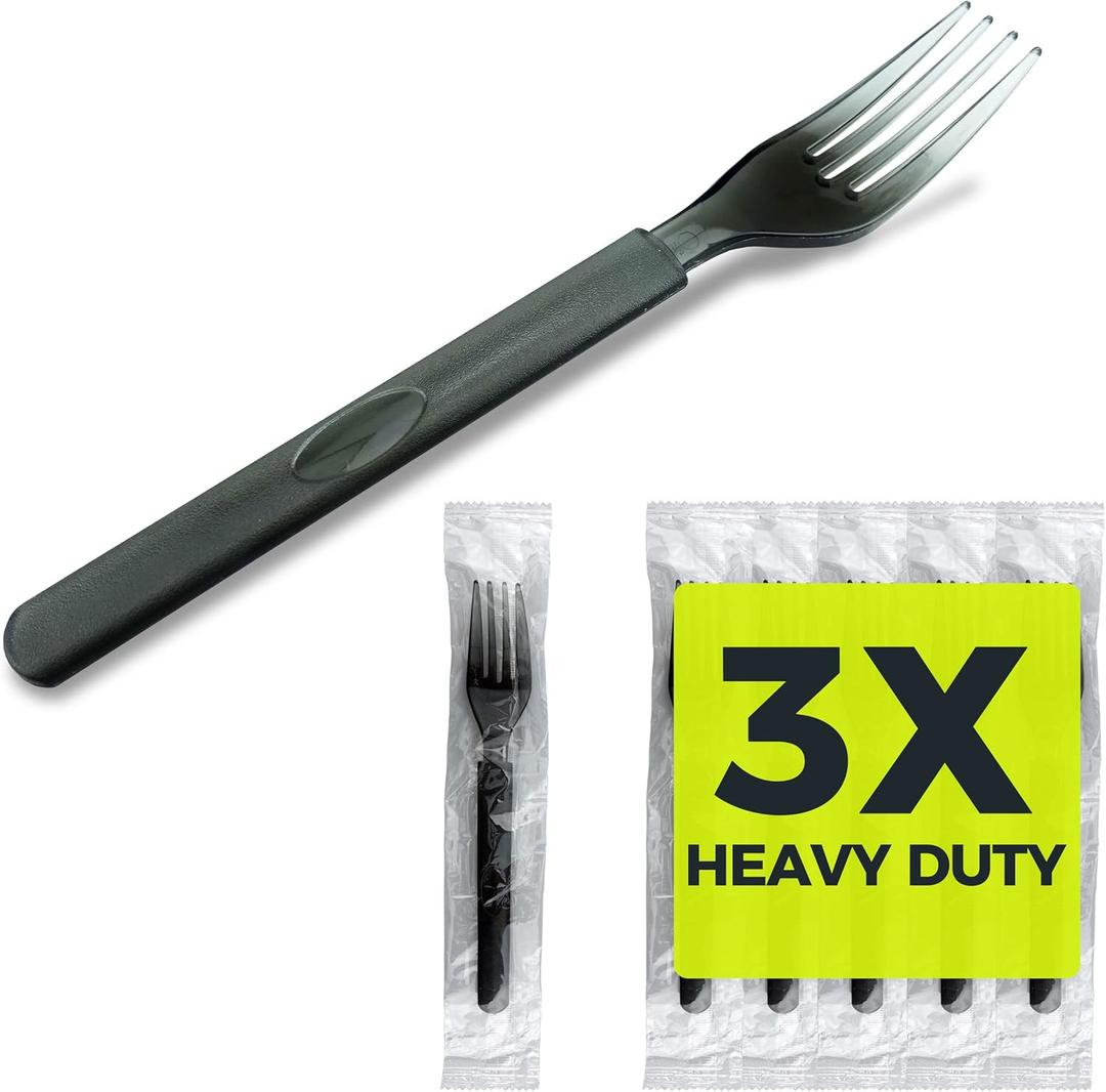 3X Heavy Duty Plastic Forks Individually Wrapped, Sturdy Like Silverware, 100 Pack Black Disposable Forks Bulk, Packaged To-Go Utensil Set, Perfect for Event Catering, Restaurant and Take Out.