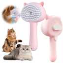 2 x 4-in-1 Pet Steam Brush With Handle for Longhair & Shorthair Cats & Dogs - Rubber Spray Brush With Release Button, Dog Comb and Cleaner (Pink)