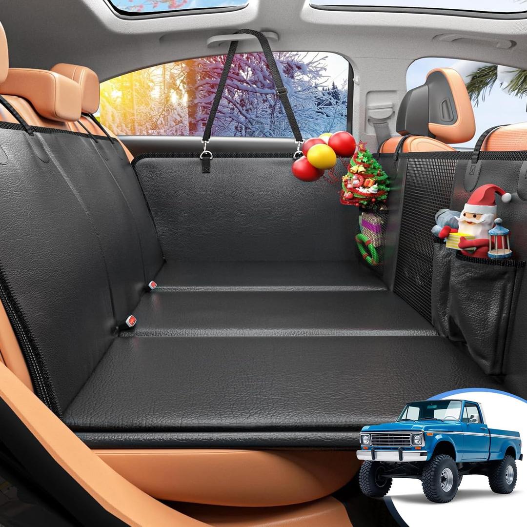 Back Seat Extender for Dogs, Hard Bottom Dog Car Seat Cover for Truck Back Seat, Upgraded PU Leather Dog Hammock for Car, Waterproof, Anti Scratch, Larger Space, Holds 400lbs