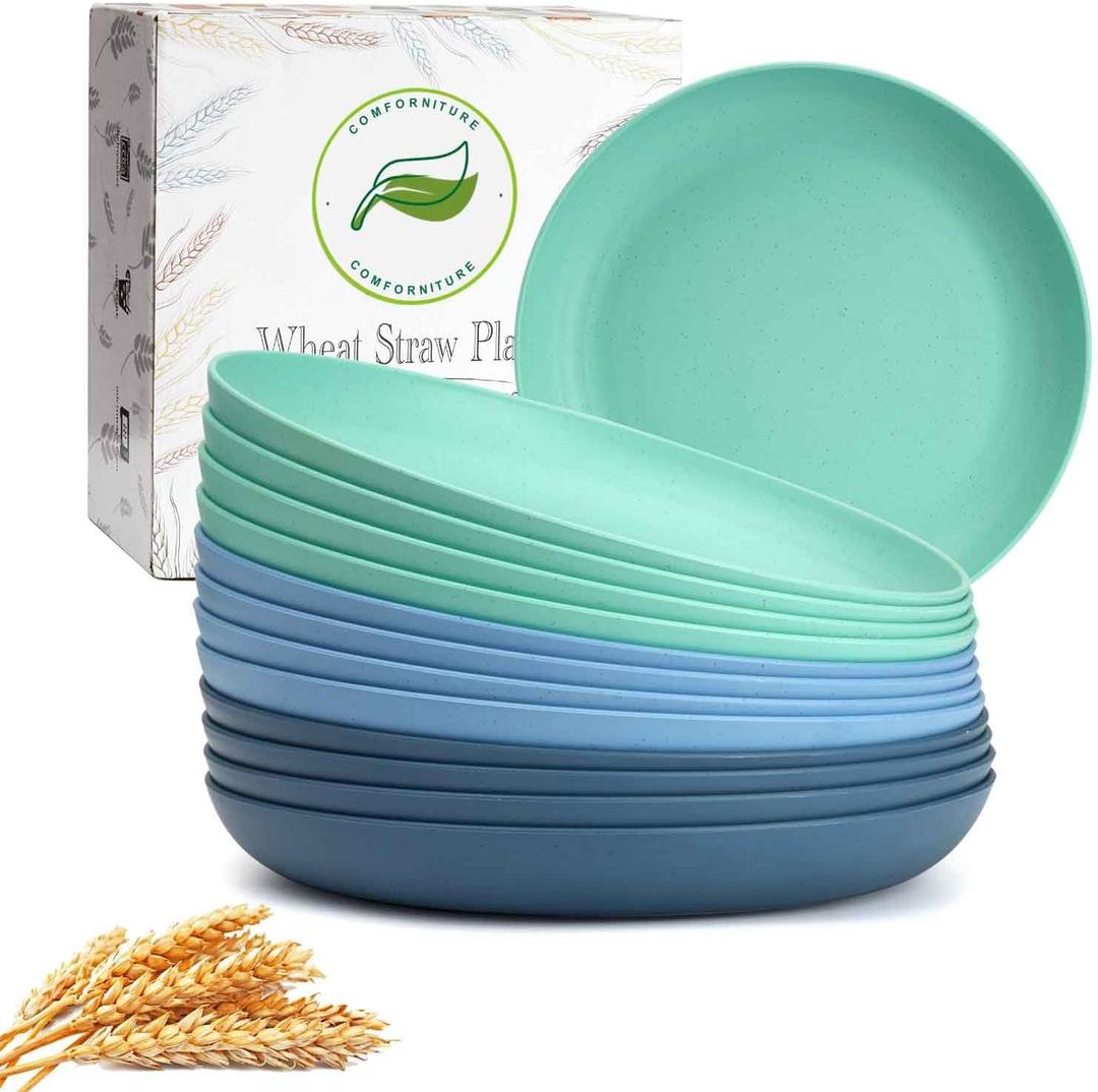 12PCS Unbreakable Dinner Plates, Dishwasher & Microwave Safe Plastic Plates Reusable, Lightweight Wheat Straw Plates for Kitchen (Serenity, 10 IN)