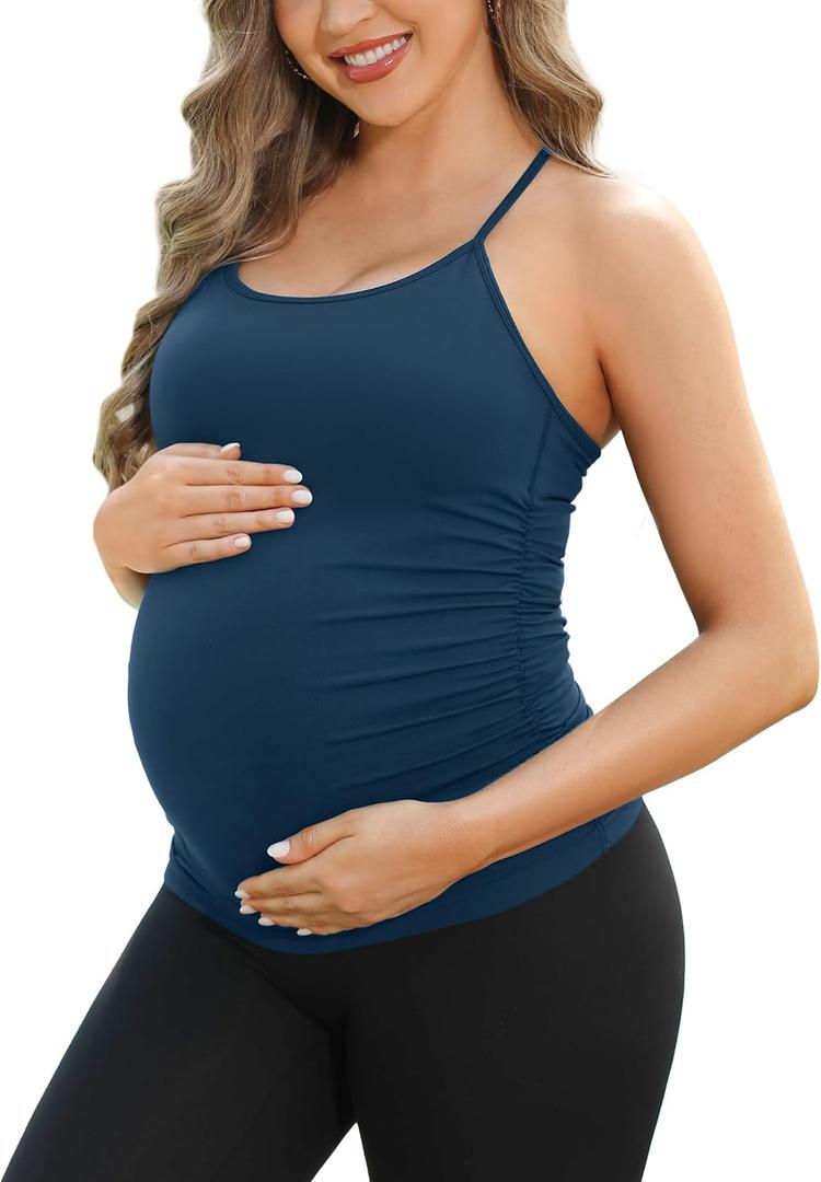 ATTRACO Women's Maternity Tank Tops with Built in Bra Seamless Y Back Side Ruched Pregnancy Tank Top (Blue, L)