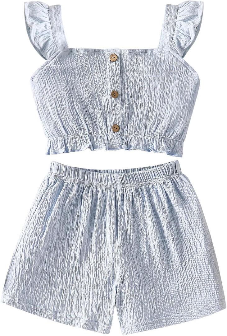 Girls Summer Outfits Flutter Sleeve Shirt Ruffle Hem Pleated Crop Top with Botton and Solid Shorts Sets Blue 11-12 Years (Blue, L)