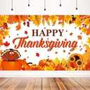 Happy Thanksgiving Backdrop - Fall Maple Leaves, Turkey, Pumpkin Themed Banner for Party Decorations, 71x43 Inches