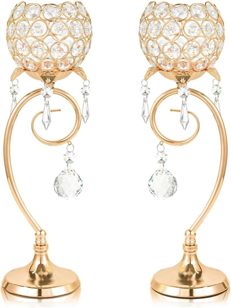 2 ps K9 Crystal tealight Candle Holder/Candlestick/Candelabra for Table Centerpieces,Wedding/Party/Event Decor,Home Decor,Gift for Mon/Friends (Golden)