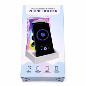 Wavy LED Light and Mirror Phone Holder is a multifunctional phone stand featuring a vibrant LED glow, a built-in mirror, and a trendy wave design for hands-free viewing