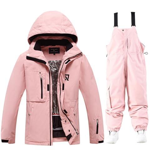YEEFINE Women's Ski Suit Two Piece Waterproof Ski Pink Jacket and Pink Pants Set Windproof Winter Snow Coat Warm Snowsuits XL