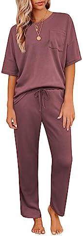 JiniGolla Womens Pajama Sets Waffle Knit Short Sleeve Shirt with Long Pajama Pants Soft Sleepwear Pj Lounge Sets, XXL