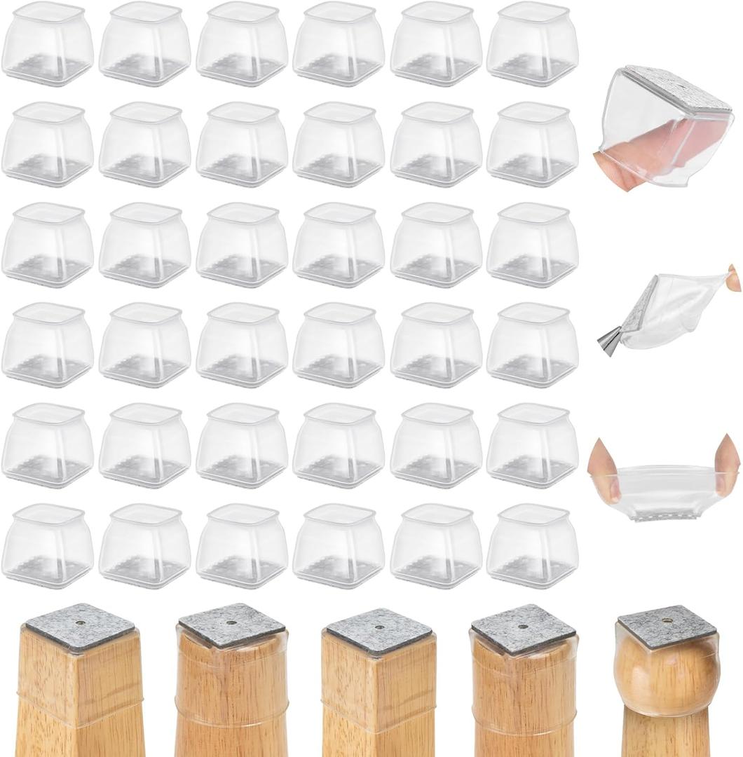 36Pcs Square Chair Leg Floor Protectors, Silicone Chair Feet Caps to Protect Tile Floors, Felt Pads Furniture Leg Caps Covers from Scratches and Noise (Clear, Small Fit:0.76"-1.02")