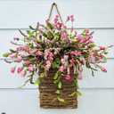 Wildflower Wreath with Pink Berry Accents - Handwoven Rattan Basket for Front Door, Spring Farmhouse Decor for Mother's Day, Wedding and Everyday Home Accent