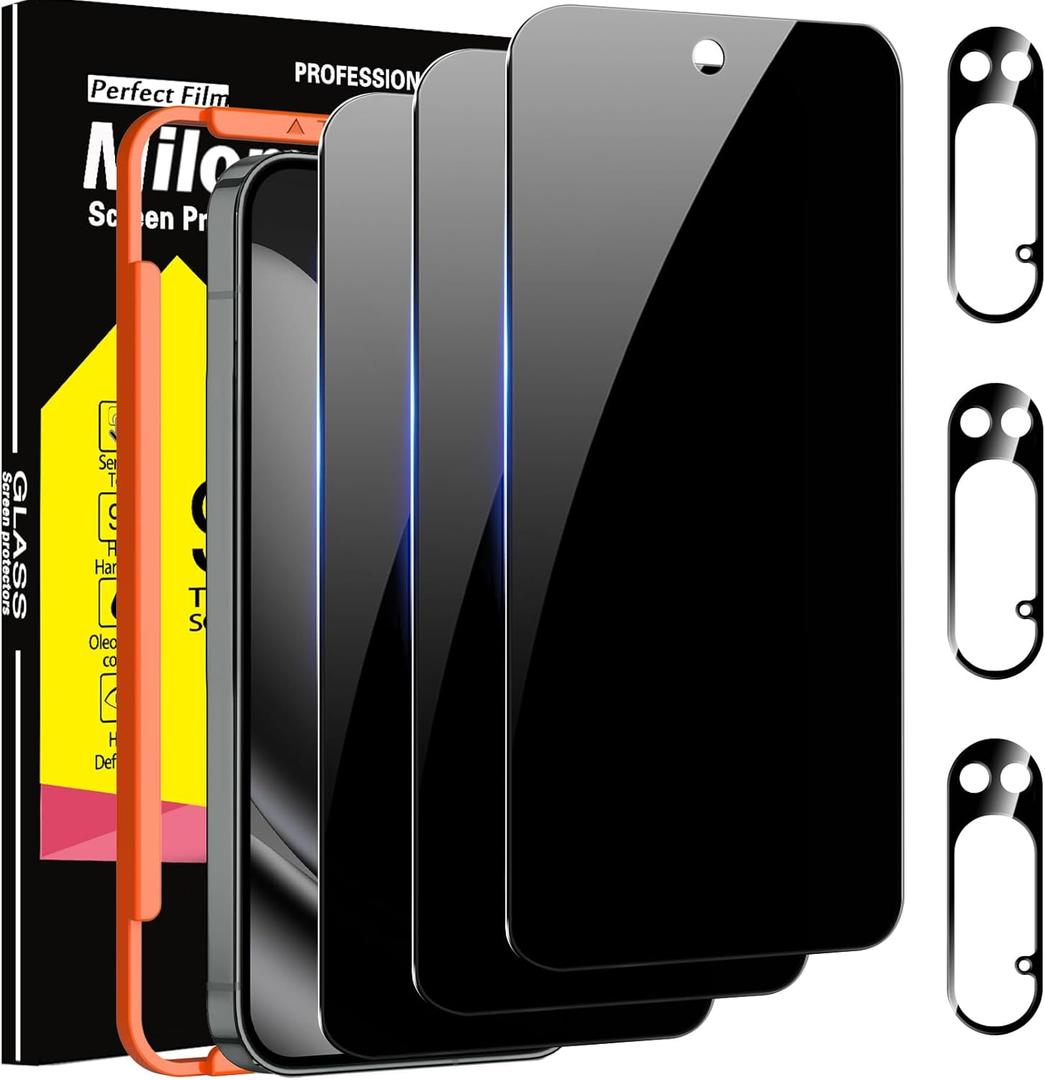 Milomdoi 3 Pack Privacy Screen Protector for Google Pixel 10 Pro Tempered Glass with 3 Pack Camera Lens Protector, Ultra 9H Accessories [Support Fingerprint Unlock] Case Friendly, Black