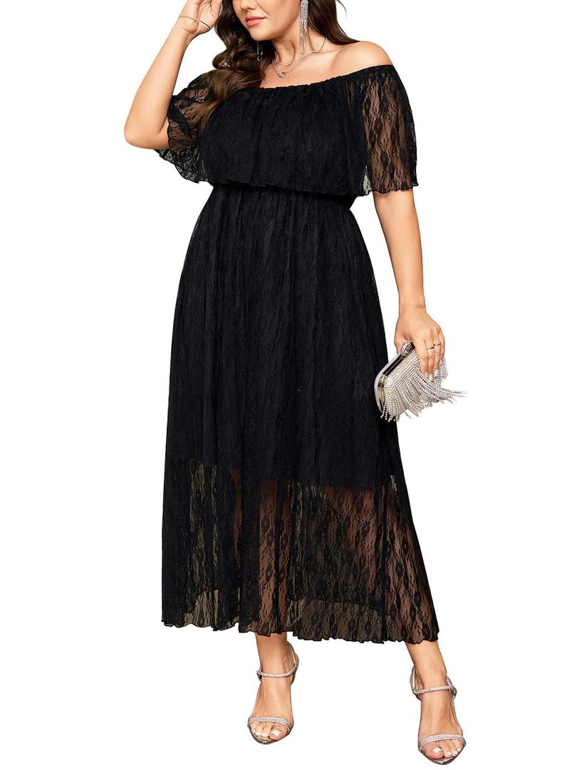 SCOMCHIC Womens Plus Size Formal Dresses Off Shoulder Lace White Bridesmaid Wedding Guest Evening Party Boho Maxi Dress (Black, XXXL)