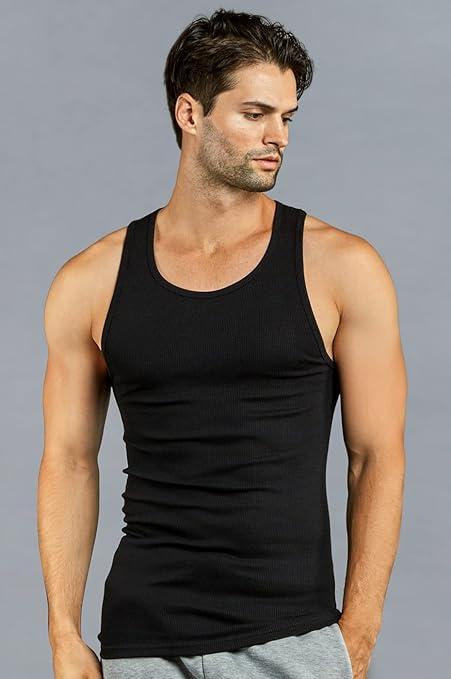 Mens A-Shirt 100% Cotton Muscle Tank Top Gym Undershirt Black L