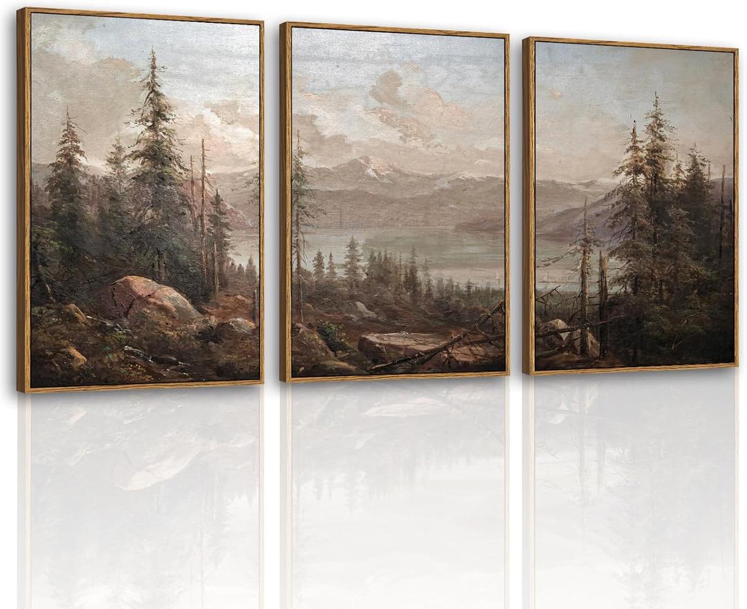 VIYYIEA Large Framed Canvas Wall Art, 3 Pcs, Living Room Vintage Landscape Decor, Nature Wall Art Bedroom Above Bed Decor, Country Retro Pictures, 16x24inch, Set of 3