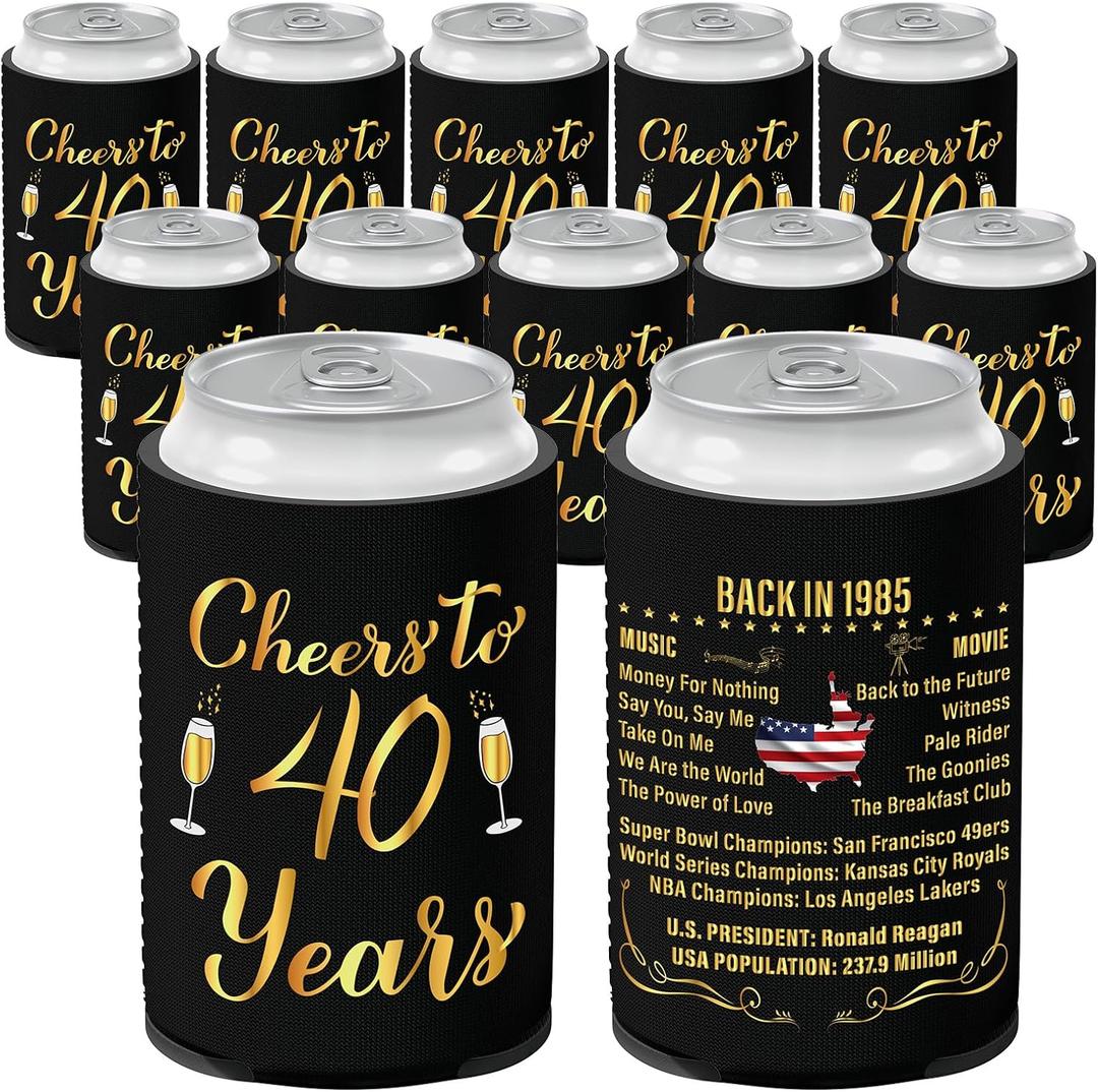 40th Birthday Decorations for Women and Men, Vintage 1985 Birthday Decor, Forty Year Old Bday Party Supplies, 12 Pcs Neoprene Can Cooler Sleeves for Soda, Beer, Beverage