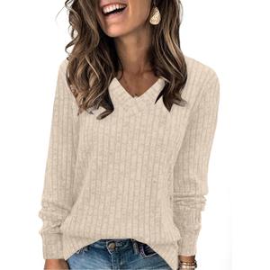 Sampeel V Neck Long Sleeve Shirts for Women Casual Fall Tops Lightweight Tunic Sweaters Fashion Clothes Loose Fit 2025 (Medium, Khaki)