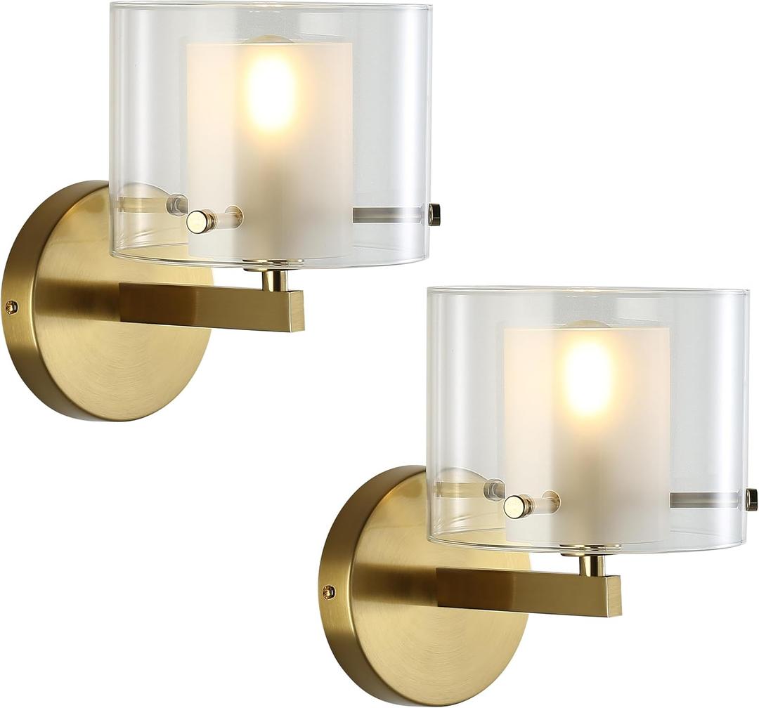 Bathroom Wall Sconces, with Double Clear Glass Shades, Gold Wall Lights for Bedroom, Hardwired Modern Vanity Lights for Living Rooms, and hallways. E12 Socket (Gold, 2 Pieces)