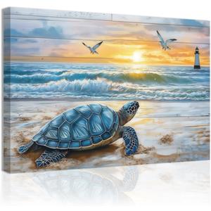 QIXIANG Sea Turtle Bathroom Wall Decor Beach Canvas Painting Art Ocean Lighthouse Picture Coastal Lakeside Cabin Decor Framed(Blue,16L x 24W)