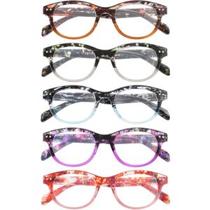 OLISU 5 Pack Reading Glasses for Women and Men, Light Weight Eyeglasses with Spring Hinge, Blue Light Blocking Readers-2.00