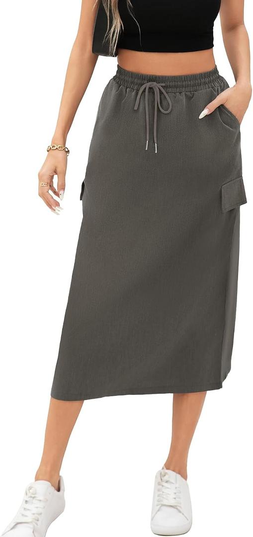 Women's Casual High Waist A Line Midi Skirt Flared Drawstring Stretchy Skirt(Small, Dark Gray) (Gray, S)