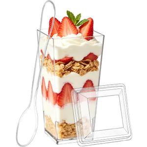 SHOPDAY 3 oz Mini Dessert Cups with Lids and Spoons 150 Pack, Small Plastic Dessert Cups for Party, Clear Square Cups for Parfait Yogurt, Shooter Cup Tumbler Cup for Appetizers Jello Mousse