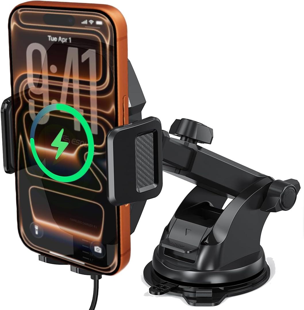 Esoulk Wireless Car Charger Phone Mount, 15W Fast Charging Car Mount Charger with Auto Clamping, Car Charger Phone Holder for iPhone, Wireless Charger Car Mount for Dashboard & Windshield
