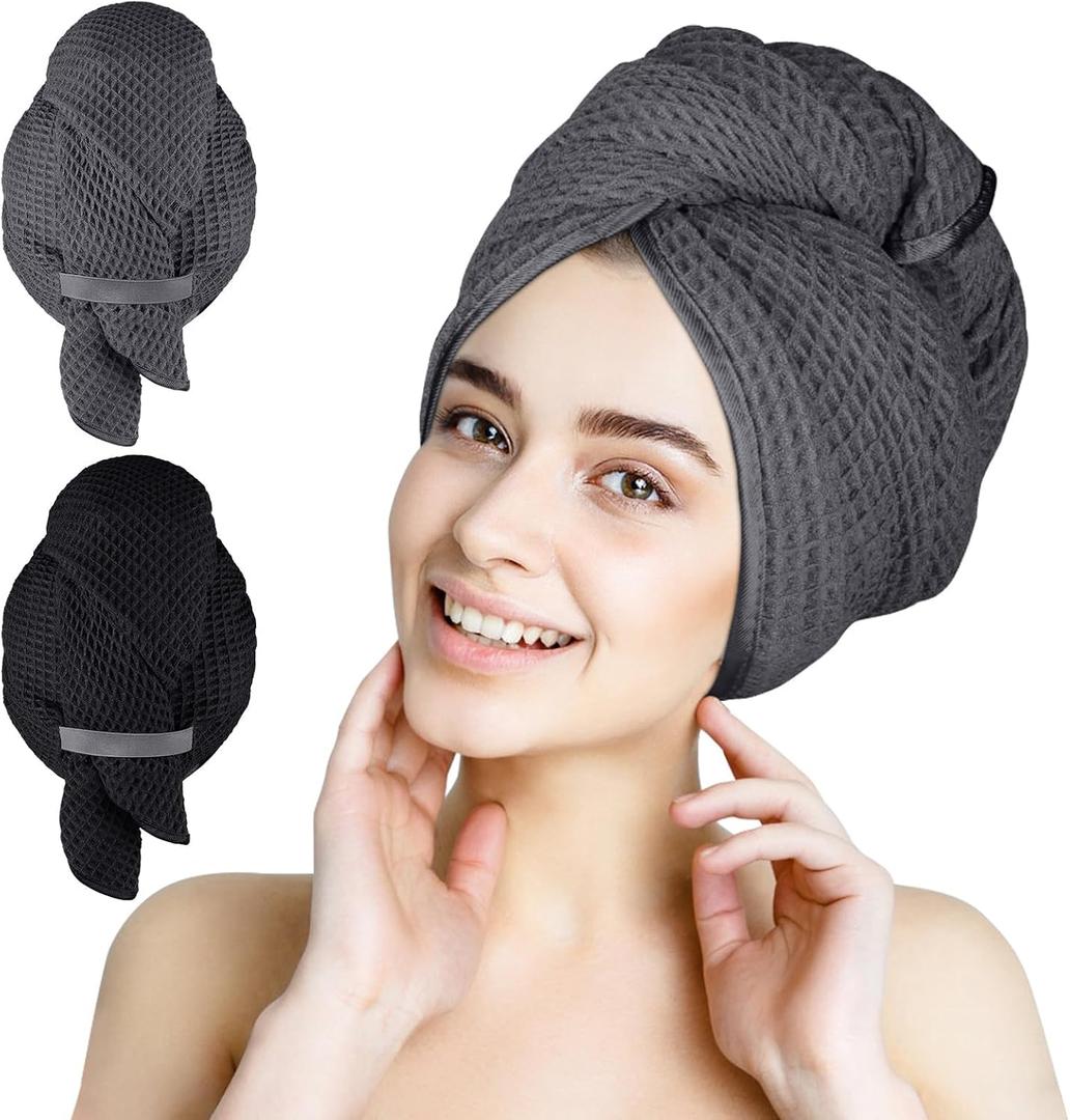 HOMEXCEL 2 Pack Large Microfiber Hair Towels Waffle Weave- 40 x 26.5 inches Fast Drying Turbans for Long, Thick, Curly Hair - Anti Frizz Wrap with Elastic Strap, Black/Grey