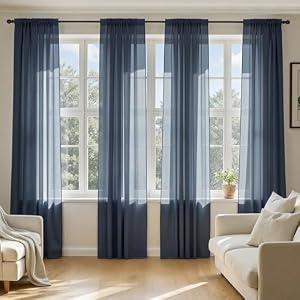 MIULEE Navy Blue Sheer Curtains 84 Inches Long, 4 Panels Set, Light Filtering Rod Pocket Voile Drapes Window Treatments, Semi Transparent Airy Fabric for Bedroom and Living Room, 42 x 84 Inches