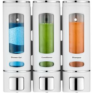 White 3-Chamber Wall Mounted Dispenser for Shower, Bathroom, Kitchen or Hotel - No Drilling Required, Holds Shampoo, Conditioner and Body Wash