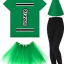 Mepase Crayon Costume Set Crayon T Shirt Tutu Skirt Gnome Cone Hat Leggings for Women Teacher (Medium, Green)