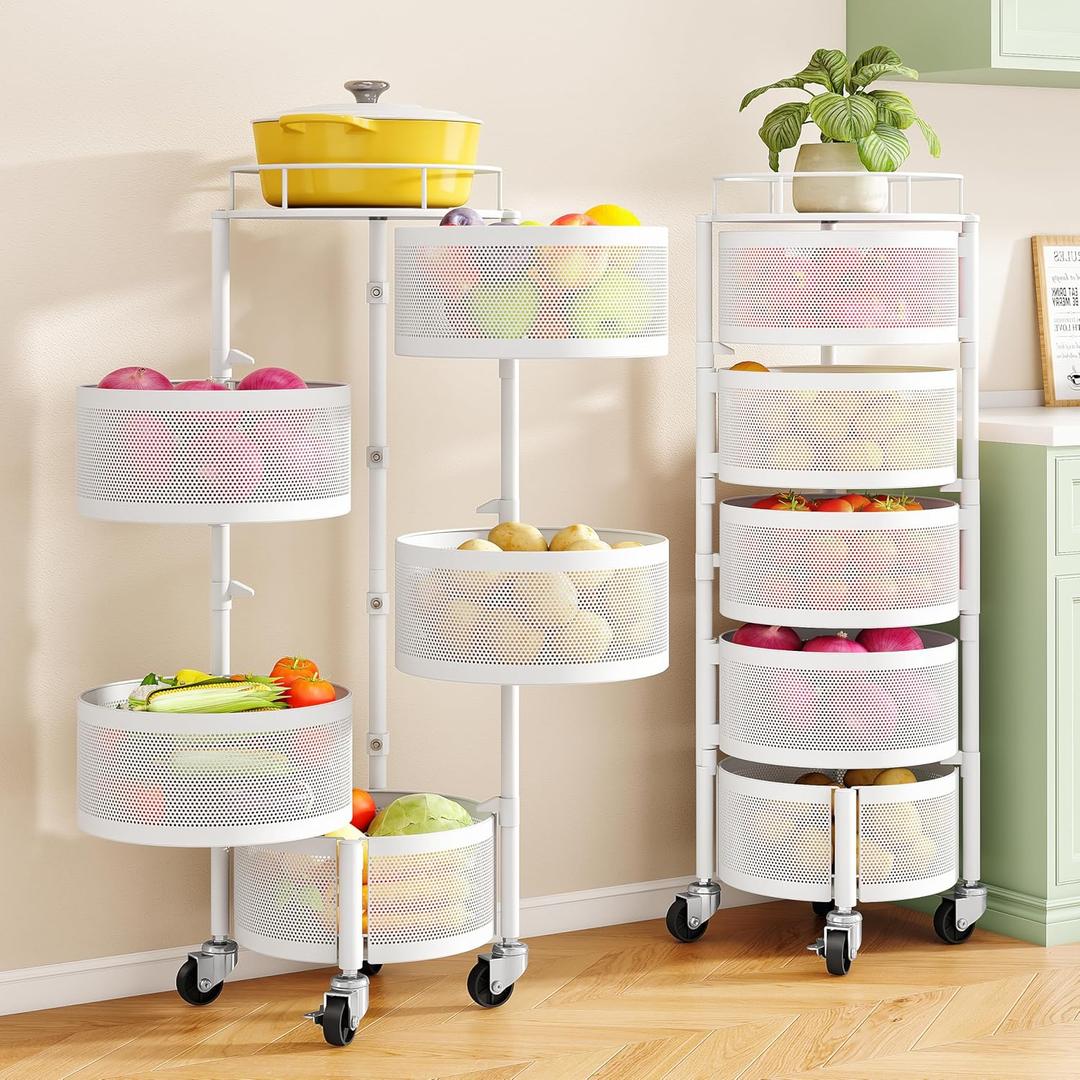 Fruit and Vegetable Basket Bowls for Kitchen with Metal Top Lid, 5 Tier Rotating Storage Rack Cart for Potato Onion Banana, Wire Basket Organizer on Wheels, Large (White)